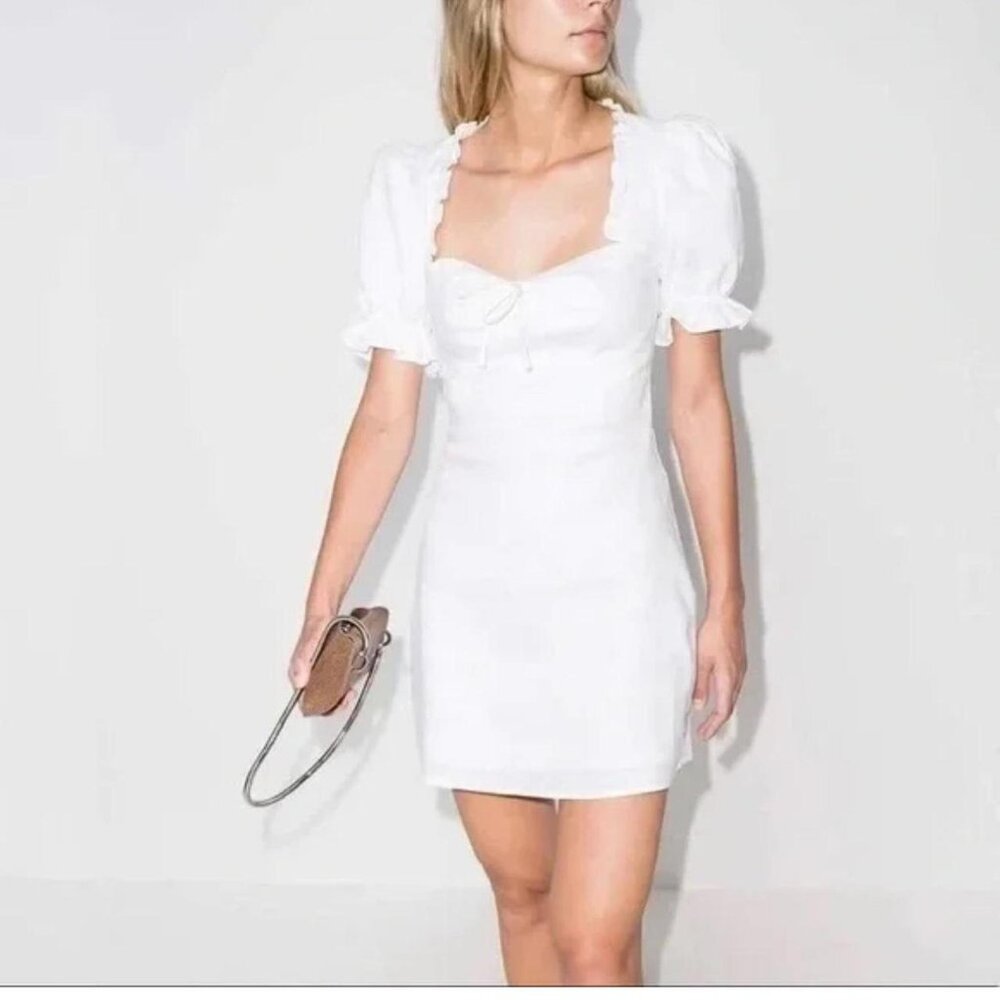 Reformation White Ruched Puff Sleeve Mini Dress